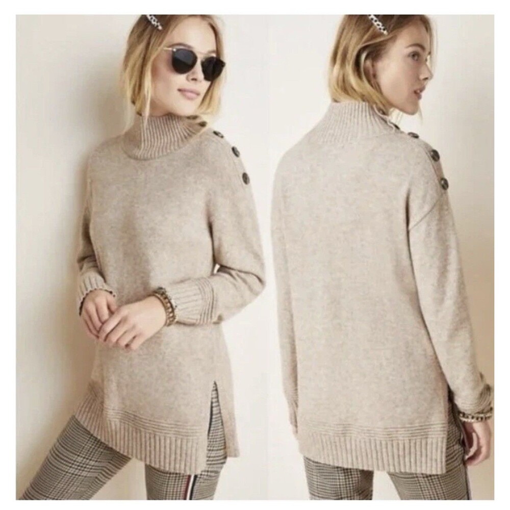 Anthropologie Margarita Tunic Sweater Tan Button Shoulder Detail Mock Neck Sz XS